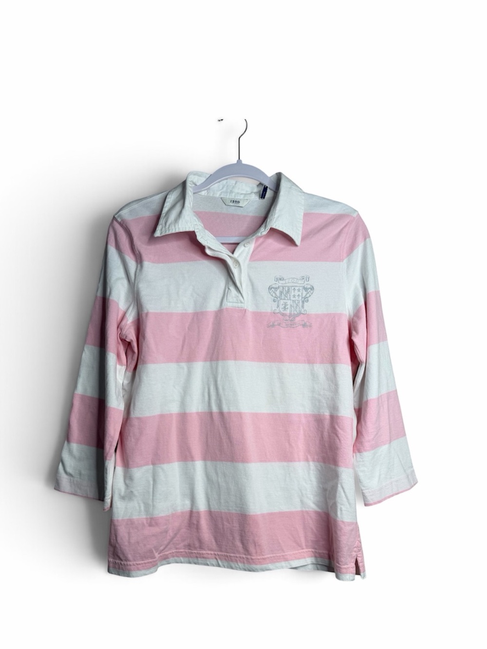 Y2K Izod Baby Pink Rugby 3/4 Sleeve Polo Top White Stripe Size L